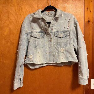 Women's Peach Love California S Light Wash Pearl Embellished Jean Jacket